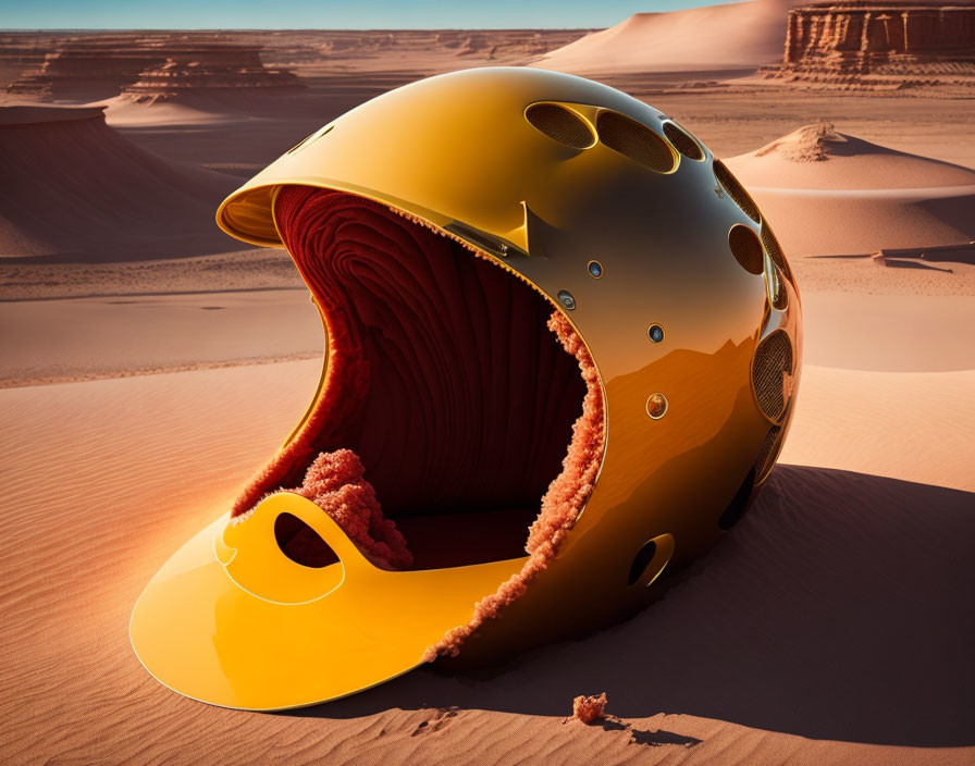 Futuristic gold helmet-shaped building in desert landscape