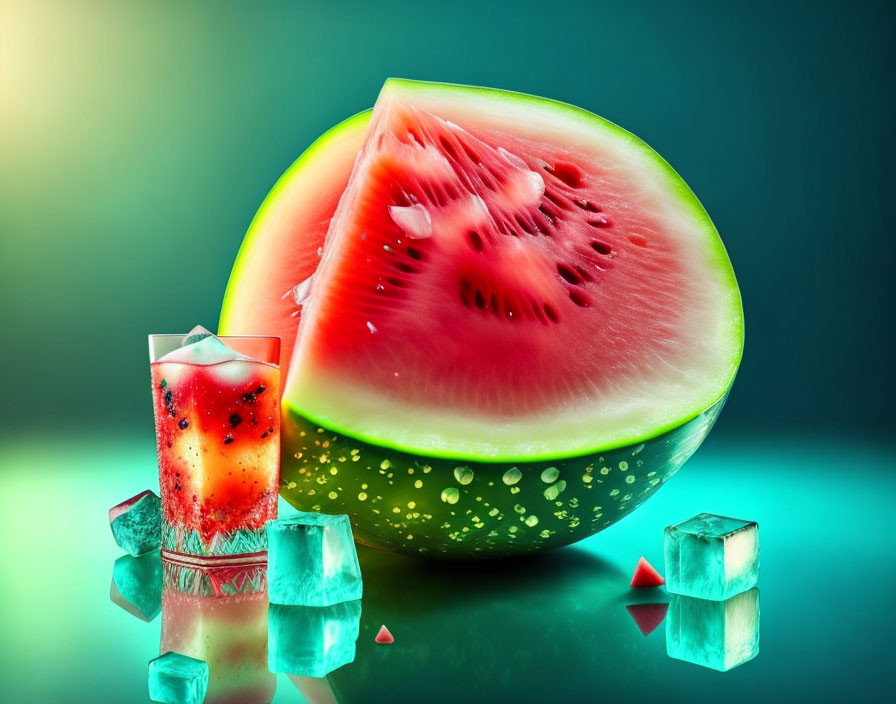 Sliced Watermelon and Juice with Ice Cubes on Reflective Surface