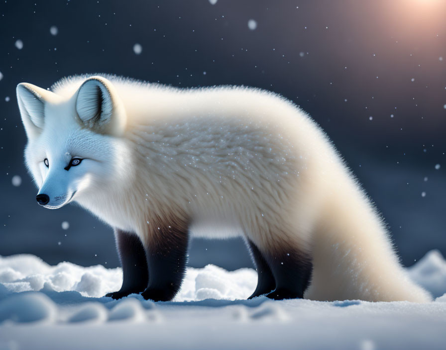 Arctic fox in snowy moonlit landscape with bushy tail