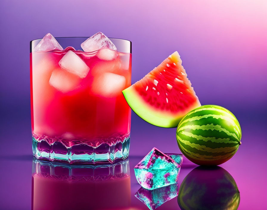 Colorful glass of pink beverage with ice cubes and watermelon slices on purple surface