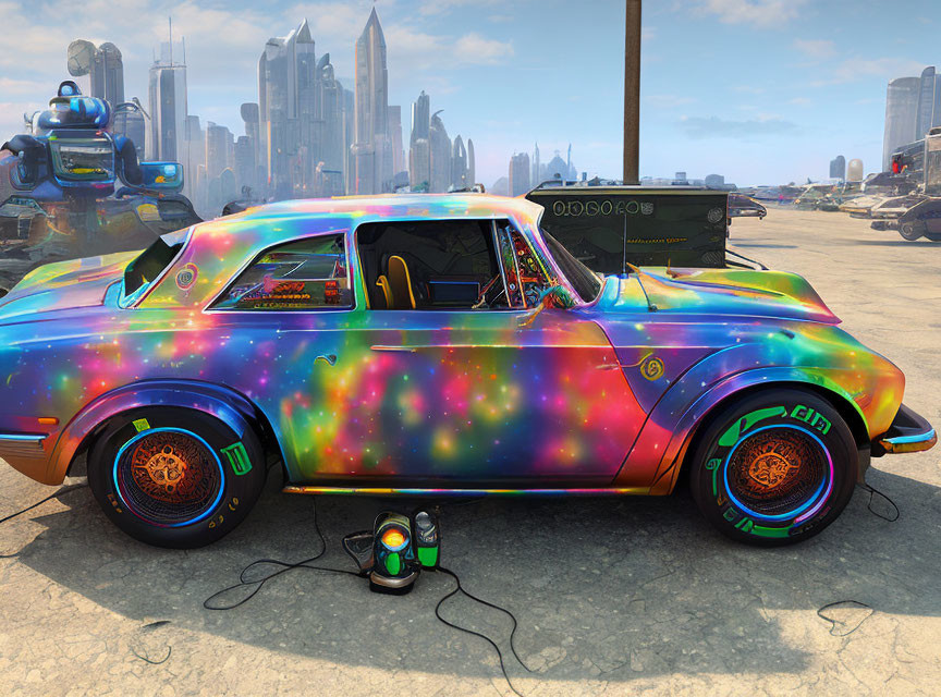 Colorful Car with Cosmic Paint Job and Futuristic Cityscape Background