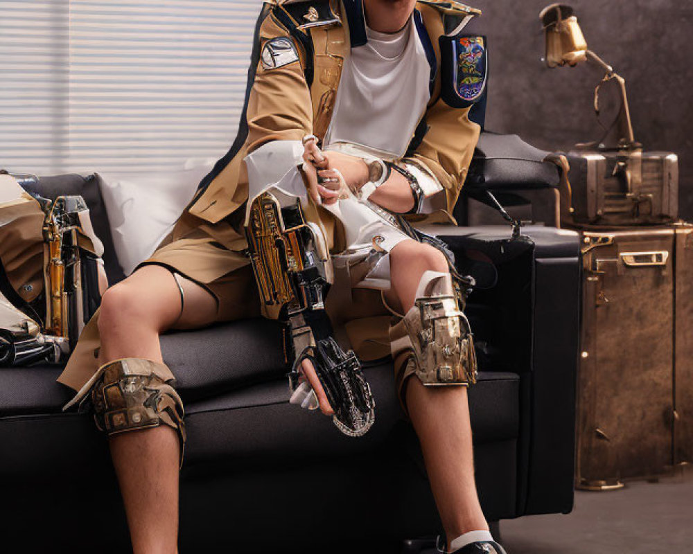 Futuristic military-inspired outfit with gold accents and sci-fi blaster on couch