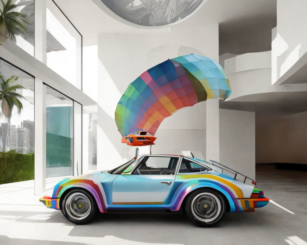 Colorful Rainbow-Striped Porsche with Matching Parachute Parked in Modern Building