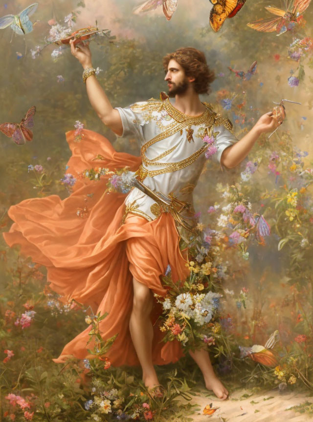 Classical painting of person in orange and white garments with butterflies and flowers