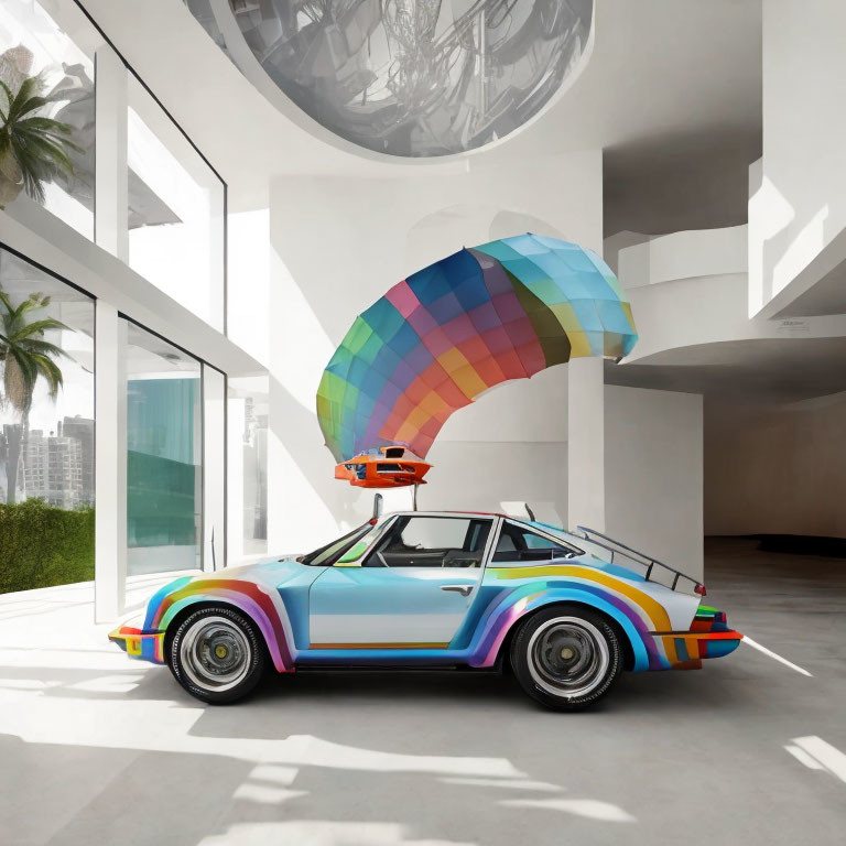 Colorful Rainbow-Striped Porsche with Matching Parachute Parked in Modern Building