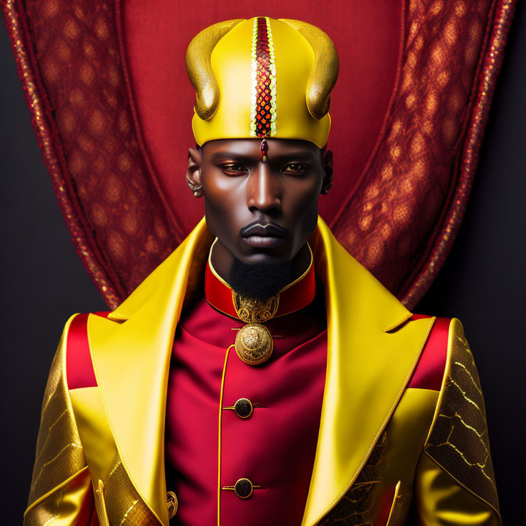 Stoic man in red and yellow uniform with ceremonial hat