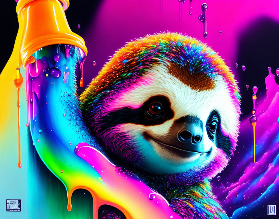 Colorful Digital Art: Sloth with Melting Rainbow Paint on Neon Background