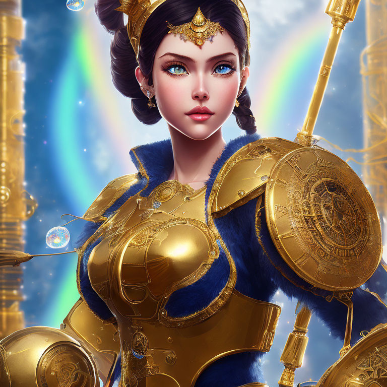 Female warrior in golden armor with spear in digital art