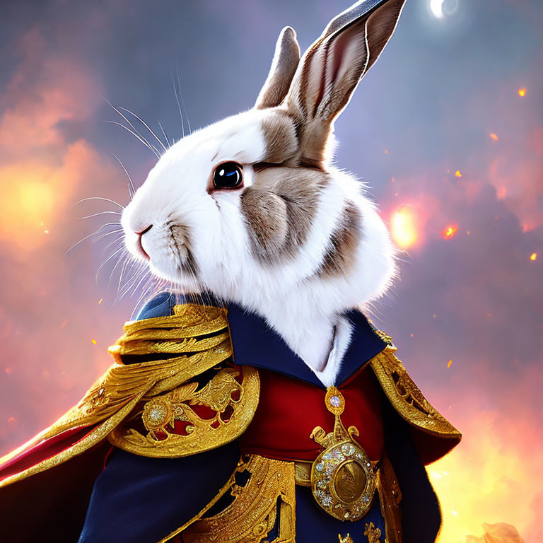 Regal Rabbit in Golden Uniform Under Dramatic Sky