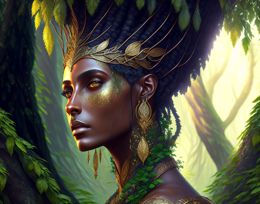 Regal woman with golden jewelry in lush forest.