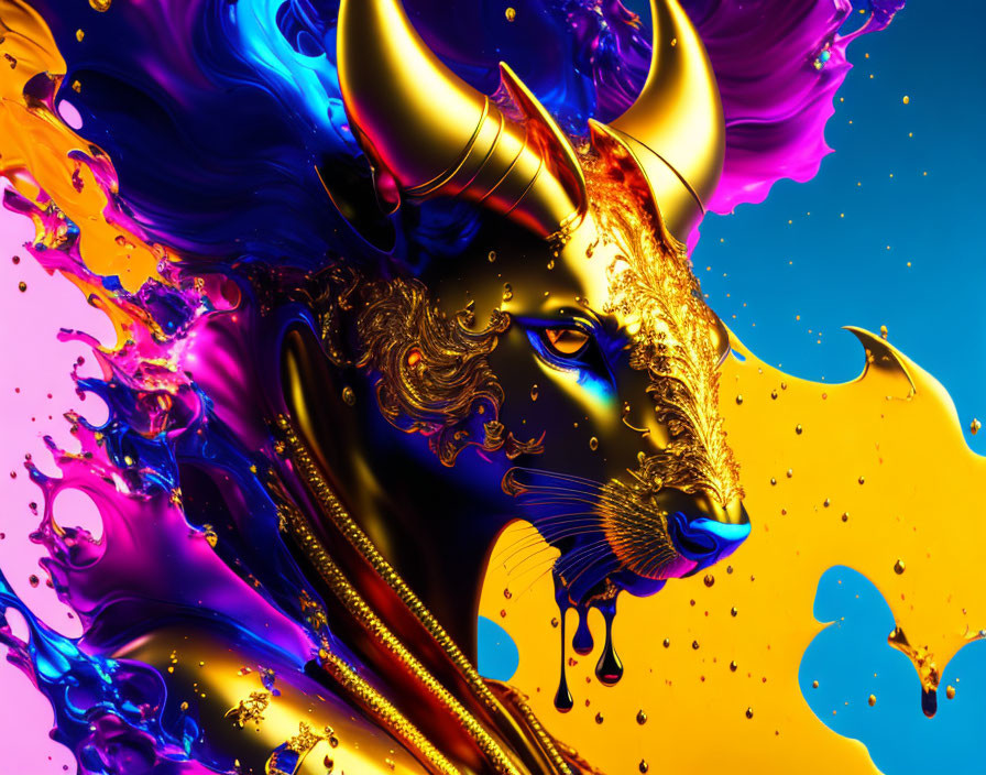 Colorful Bull Mask Artwork with Blue and Yellow Splashes