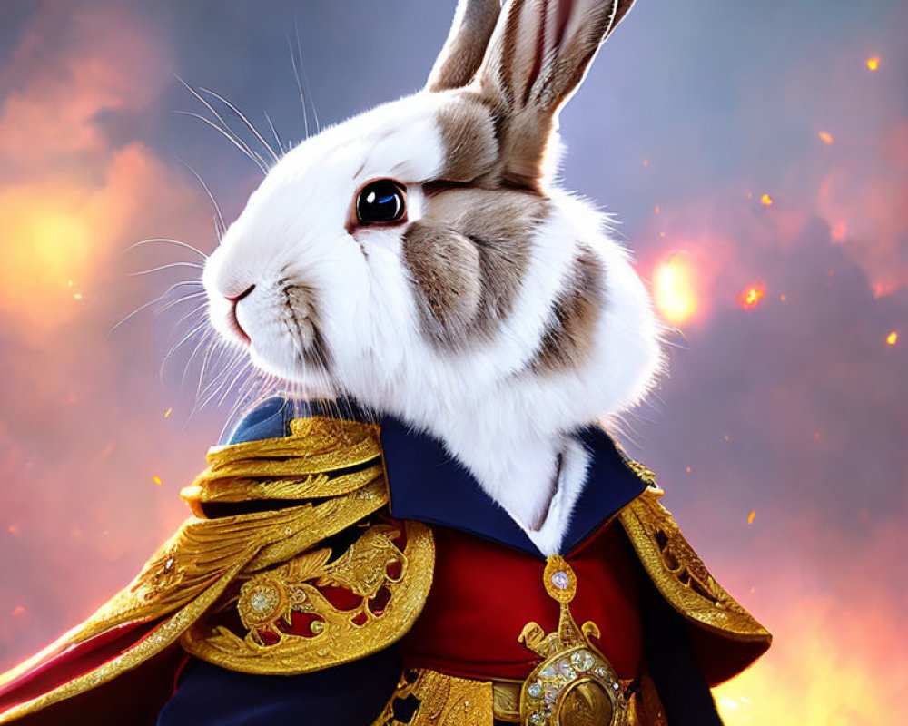 Regal Rabbit in Golden Uniform Under Dramatic Sky