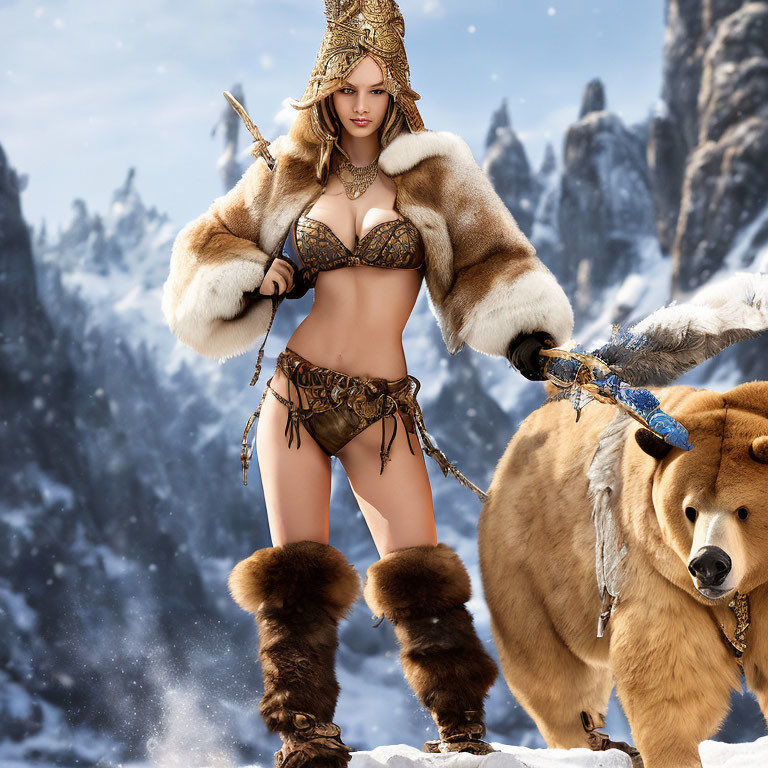 Fantasy warrior woman in fur-trimmed armor with sword beside bear in snowy mountain landscape