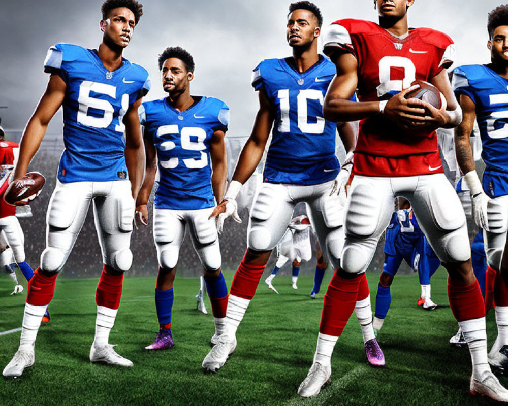 Four American football players in full gear under stormy sky at stadium.