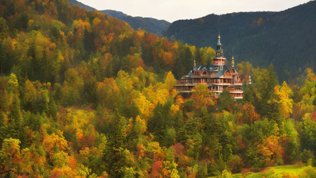 Grand multi-story house in autumn forest with vibrant foliage