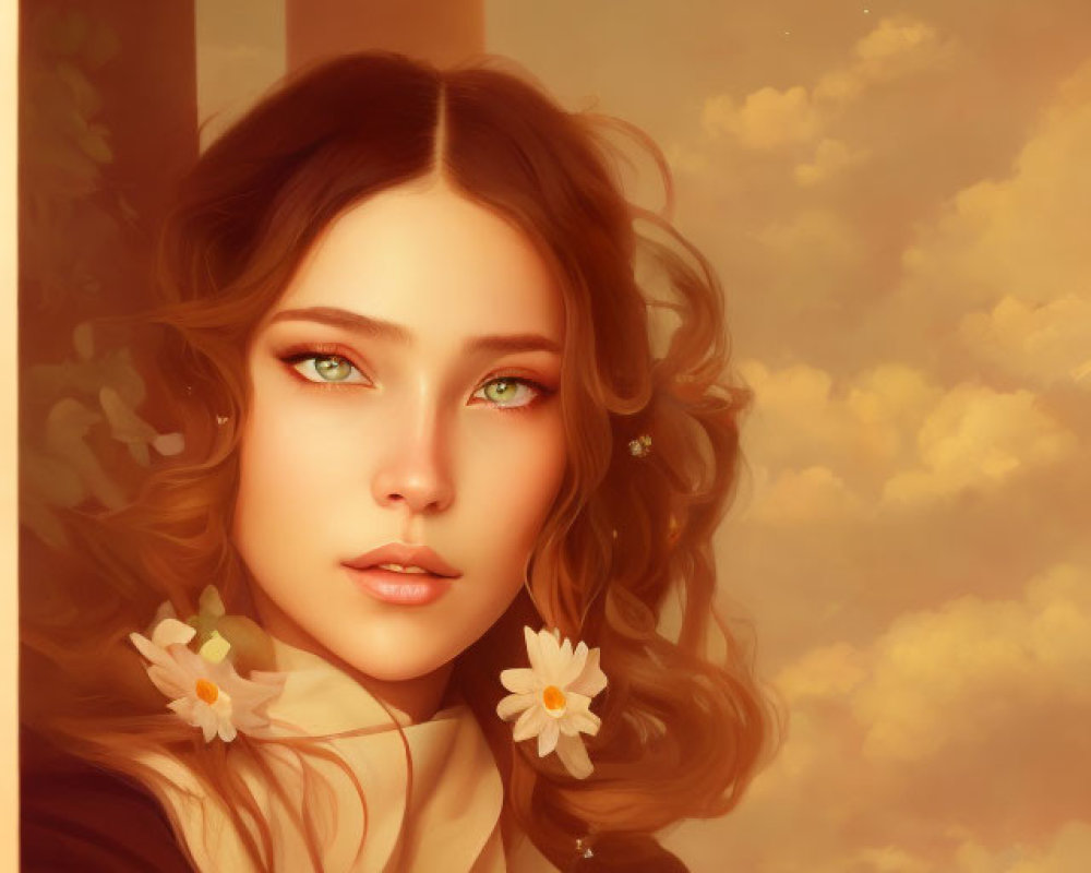 Digital artwork: Woman with wavy hair and green eyes, white flowers, amber sky, stars,