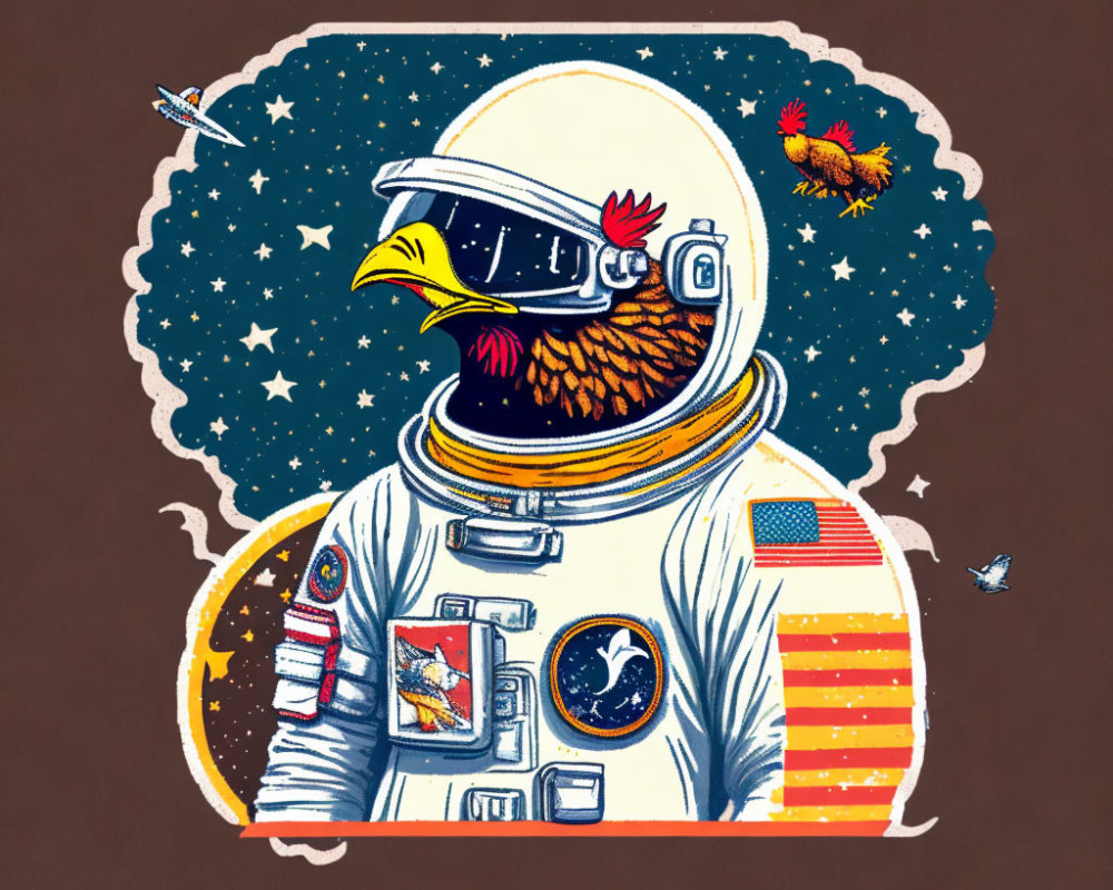 Astronaut with Bird's Head Surrounded by Stars and Planets