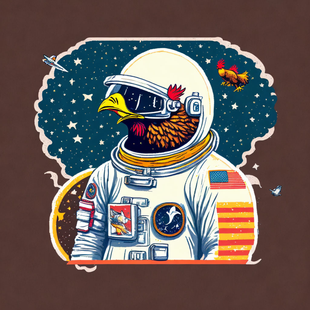 Astronaut with Bird's Head Surrounded by Stars and Planets