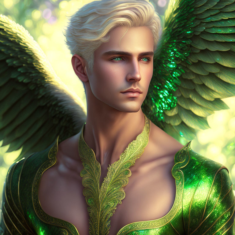 Blond-Haired Male Figure with Green Wings and Ornate Outfit