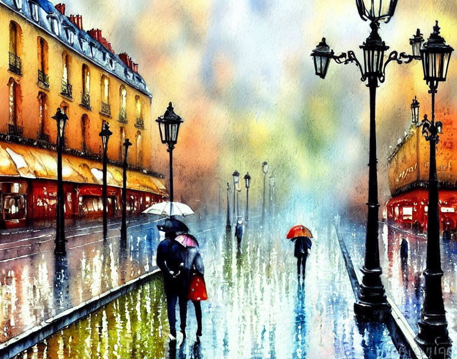 Vibrant watercolor street scene with people, umbrellas, vintage lamp posts, and rainy sky