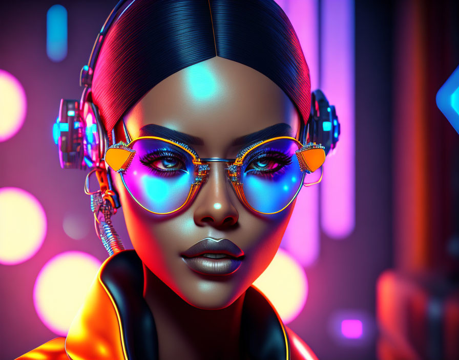 Futuristic digital portrait of a woman with glowing orange makeup and neon-lit setting