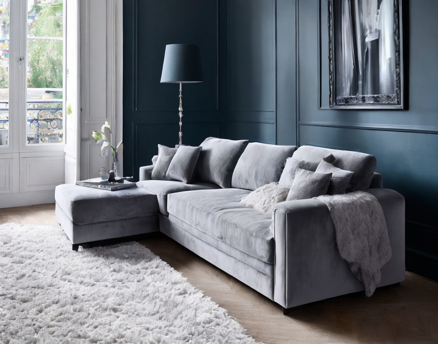 Modern living room with grey sectional sofa, dark floor lamp, black coffee table, fluffy rug, and