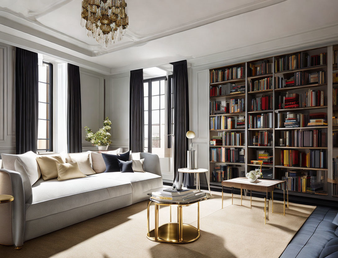 Spacious living room with bookshelf, beige sofa, black curtains, gold coffee table, and classic