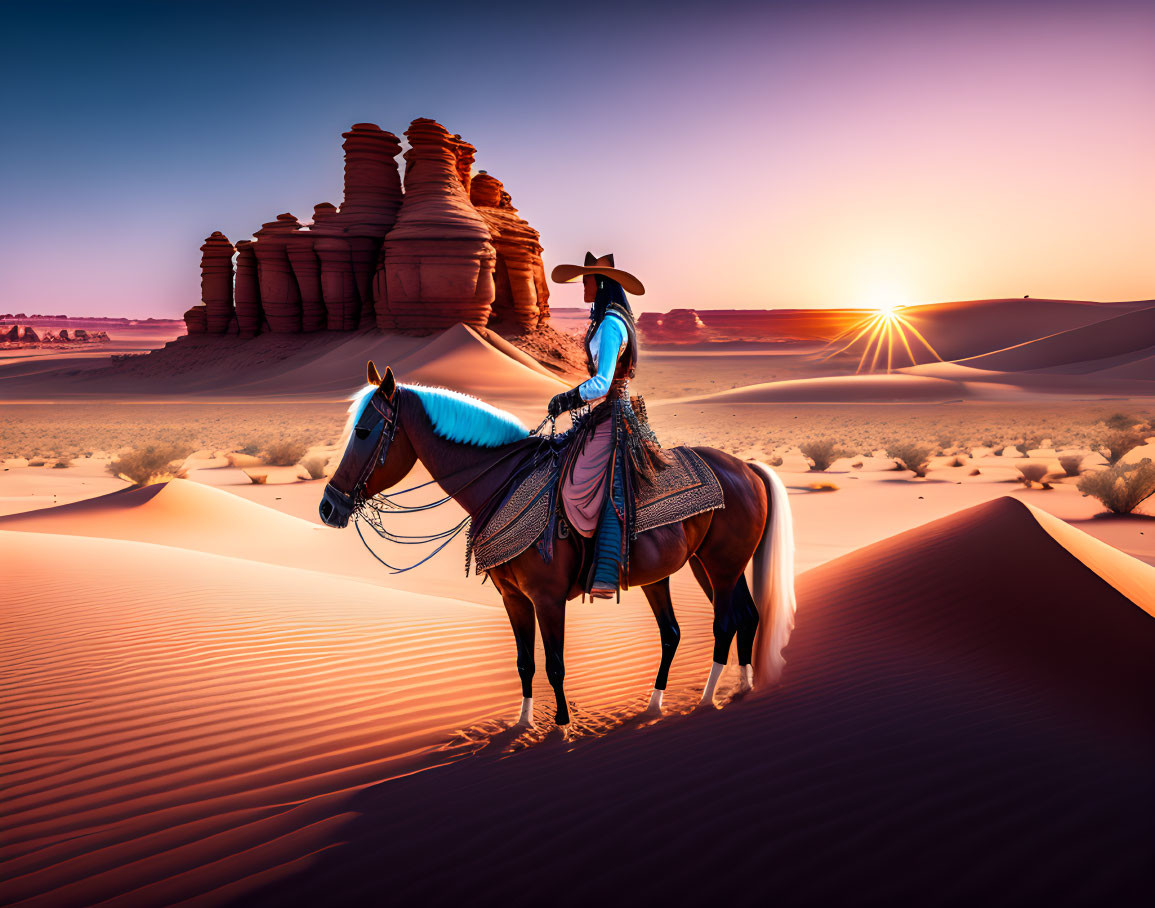 Traditional Rider on Horse in Desert Sunset Scenery