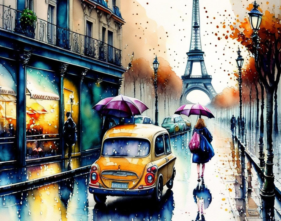 Rainy Paris Street Scene with Eiffel Tower & Classic Car in Watercolor