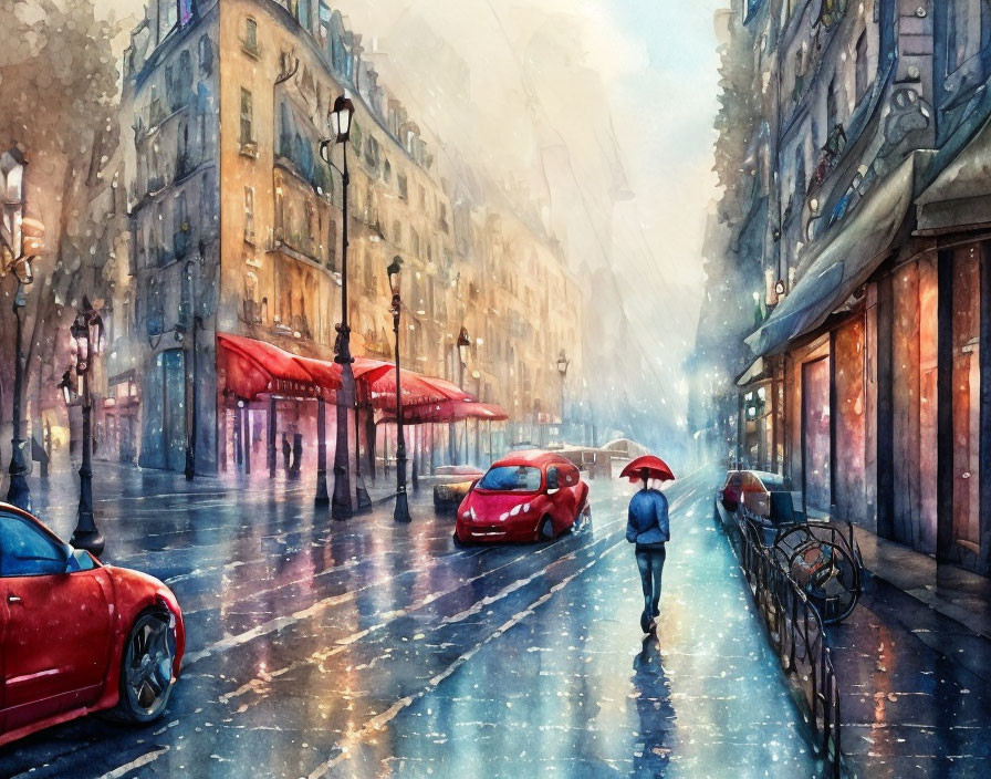 Person with red umbrella on rain-soaked city street with cars and illuminated shop fronts