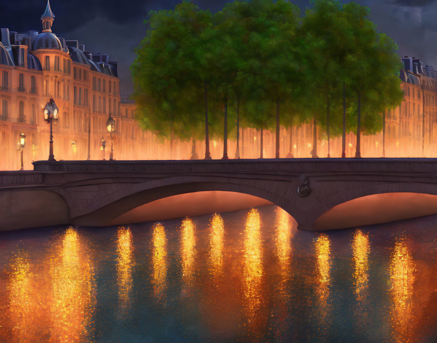 Illuminated Bridge Over River with Golden Reflections