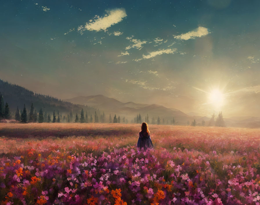 Person in Vibrant Flower Field at Sunrise with Misty Forest and Mountains