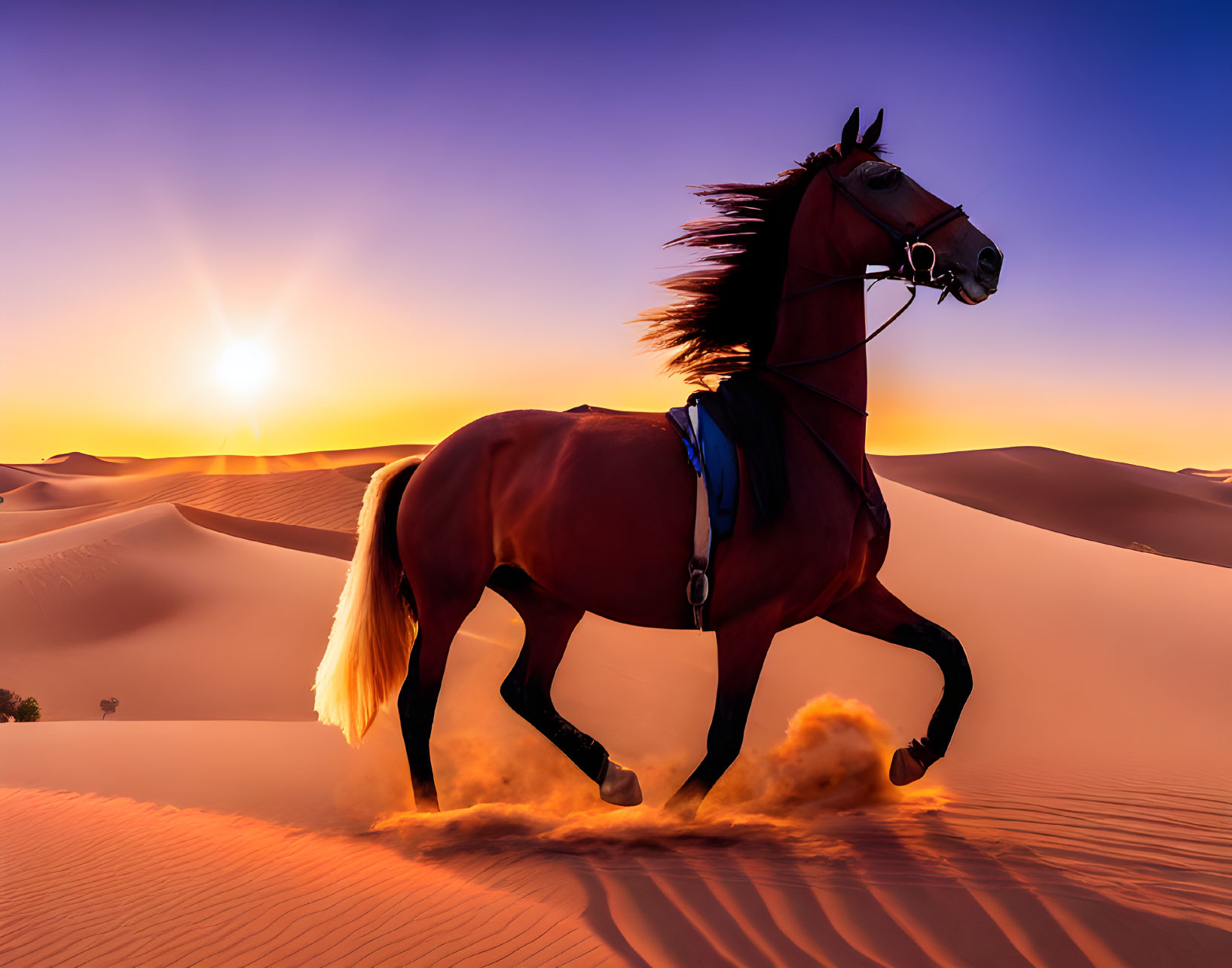 Majestic horse galloping in desert sunset landscape