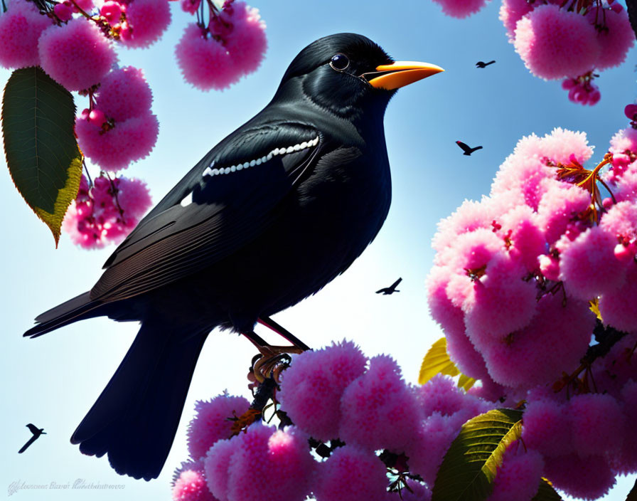 Blackbird on cherry blossom branch with pink flowers under blue sky