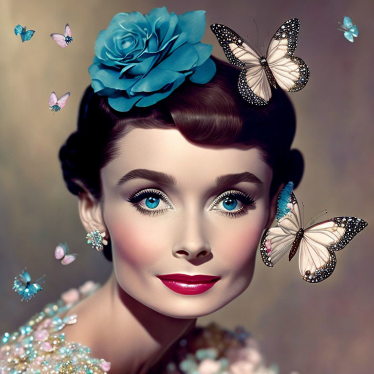 Vintage Portrait of Woman with Blue Flower and Butterflies on Brown Background