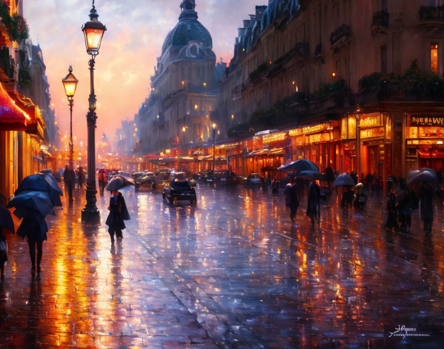 Rainy Paris Twilight: Pedestrians with Umbrellas on Wet Street