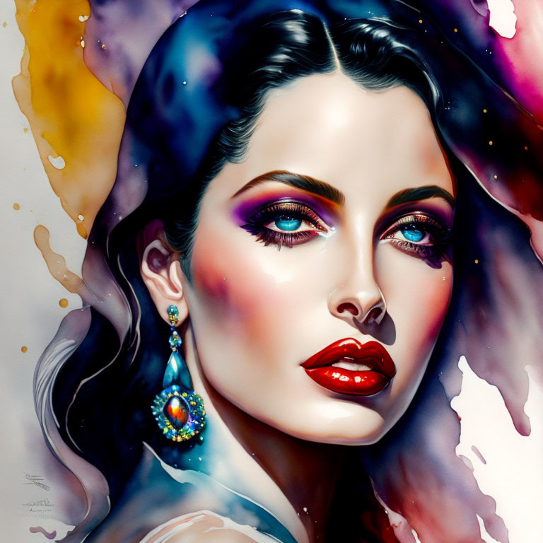 Colorful cosmic background with vibrant makeup and detailed gemstone earring