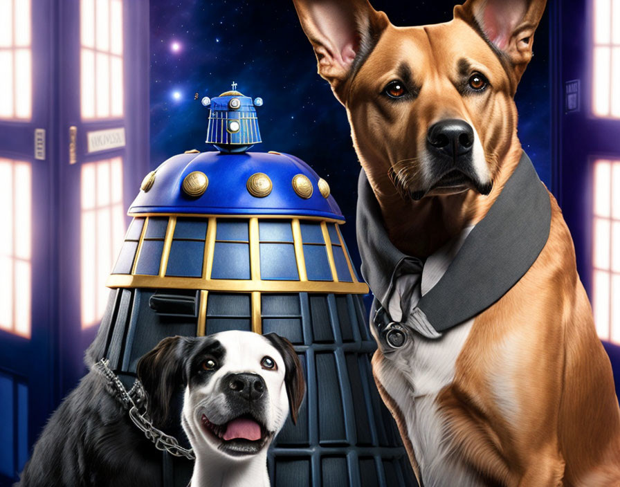 Digital artwork of two dogs with collar, Dalek, TARDIS, starry sky