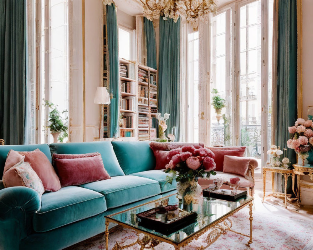 Stylish Living Room with Teal Velvet Sofa & Pink Cushions