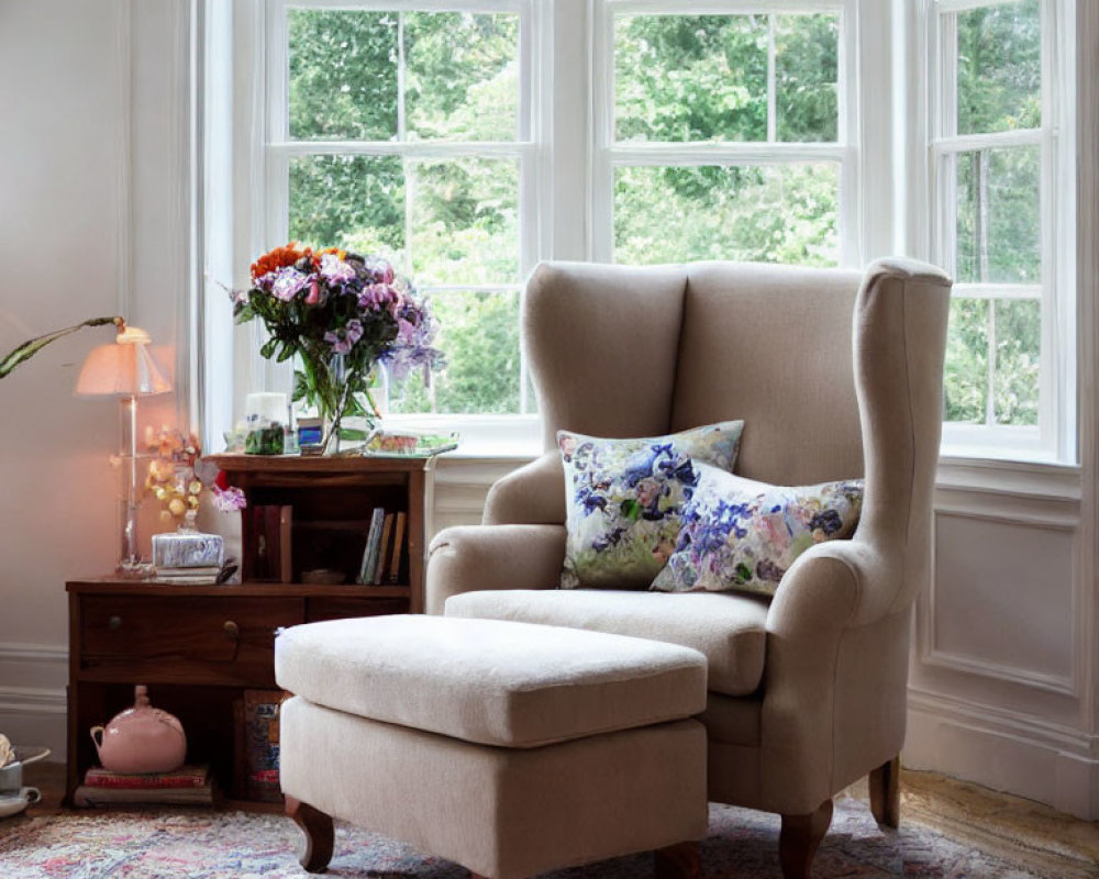 Beige wingback chair with floral pillows in cozy reading nook