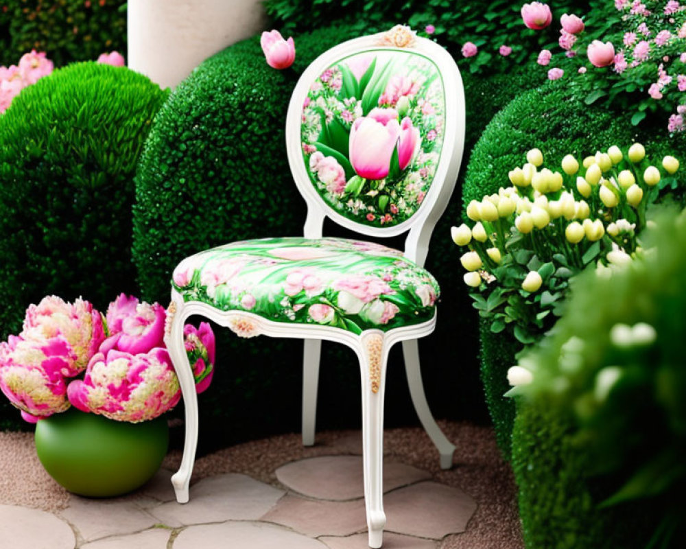 Floral Upholstery Chair in Lush Garden with Tulips