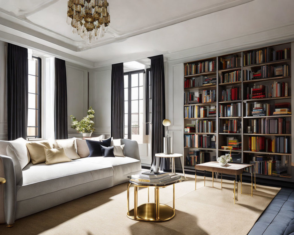 Spacious living room with bookshelf, beige sofa, black curtains, gold coffee table, and classic