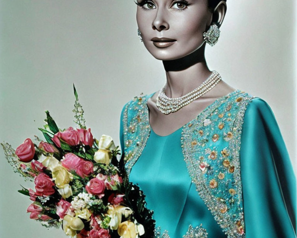 Sophisticated Woman in Blue Dress with Beadwork and Roses Bouquet