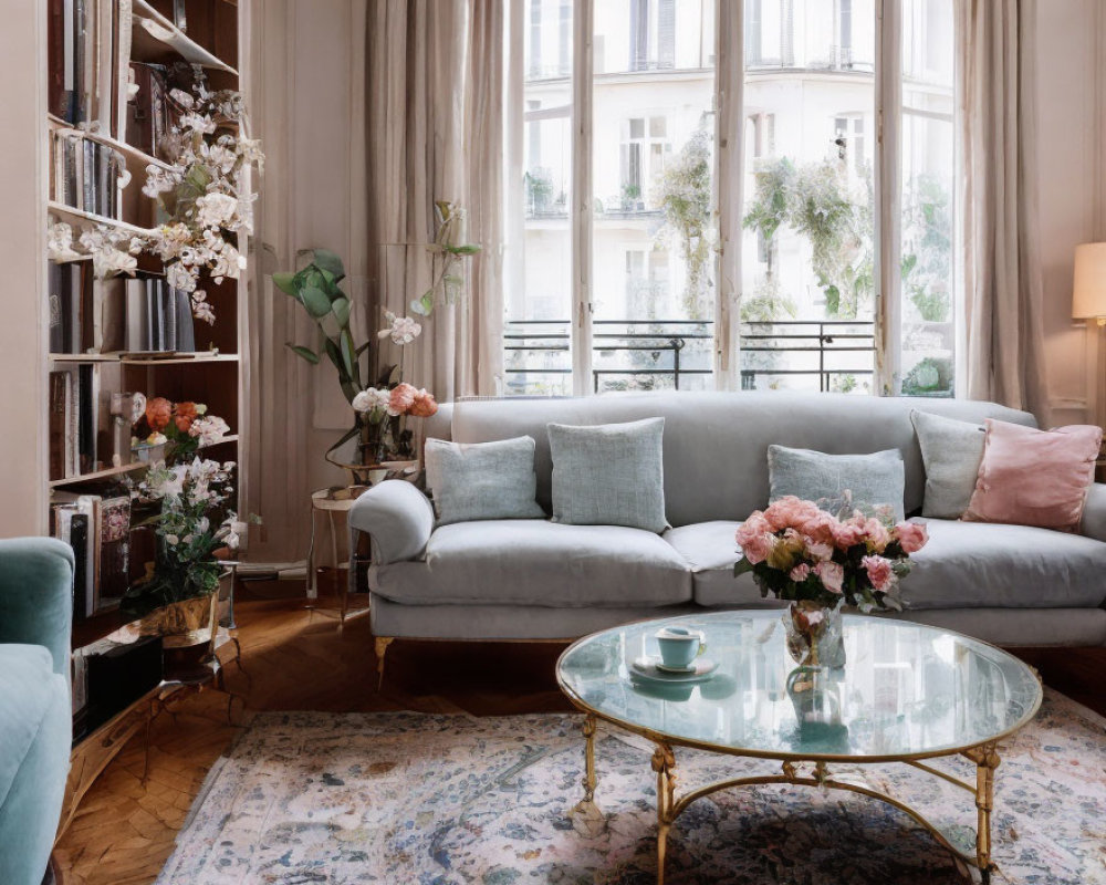 Spacious Living Room with Grey Sofa, Floral Decor, Glass Table, Books, and Natural Light