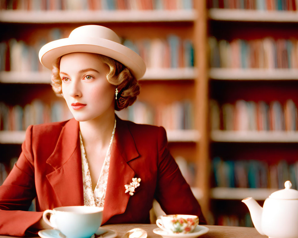 Vintage Red Ensemble Woman with Teapot and Bookshelves