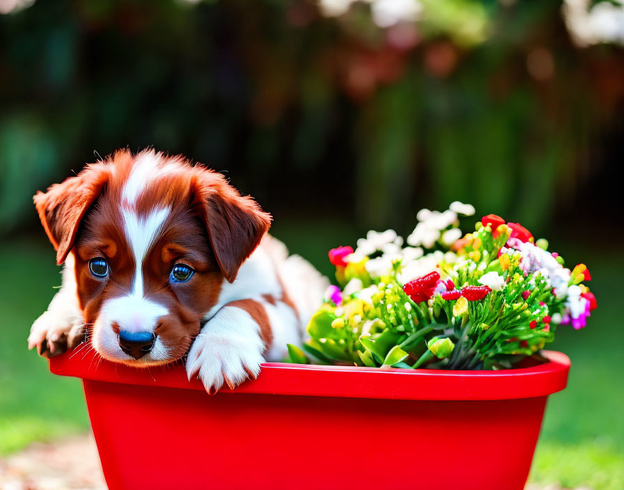 Brown and White Puppy Resting in Red Pot Among Colorful Flowers