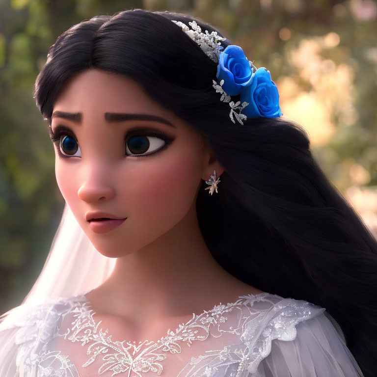 Dark-Haired Animated Character in White Lace Dress with Blue Flowers