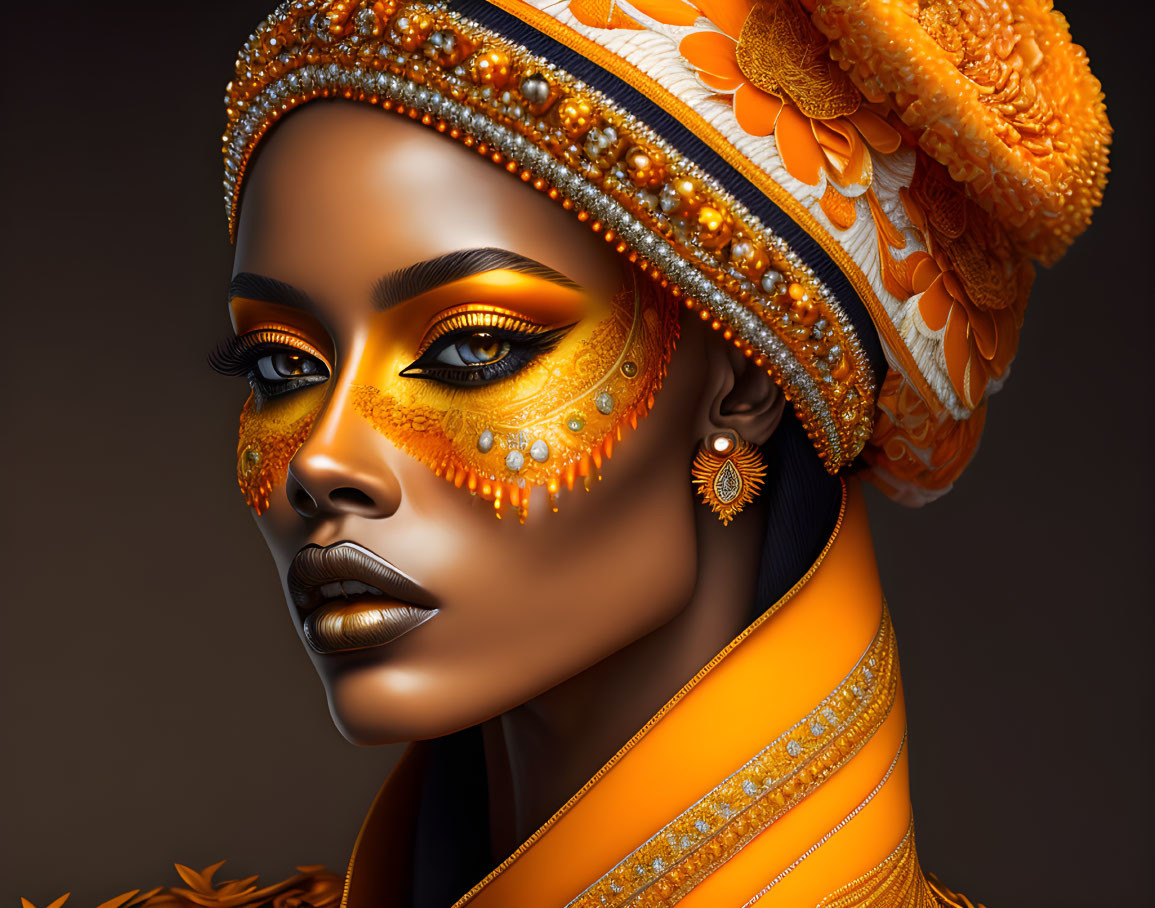 Detailed digital portrait of woman with orange and gold makeup and ornate headwrap