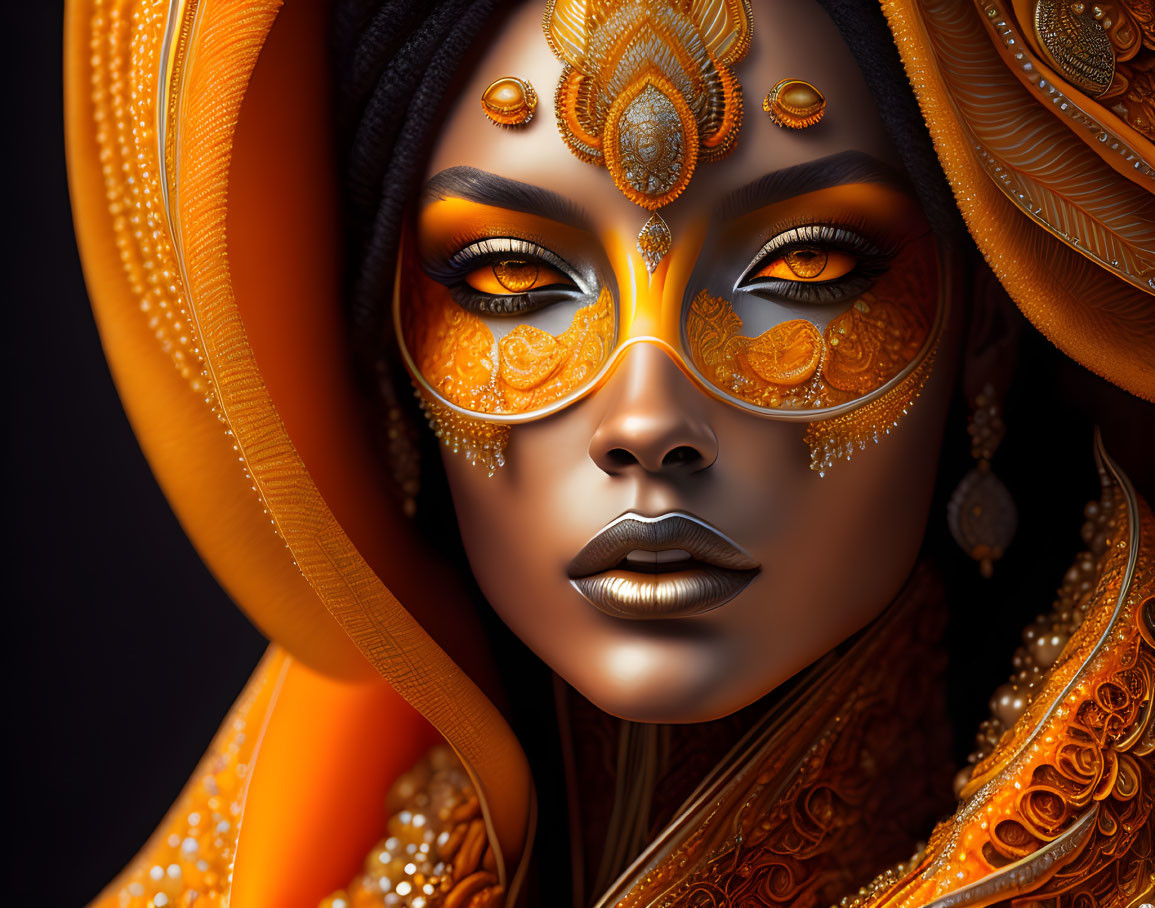 Ornate golden face paint on woman in elegant orange head wrap