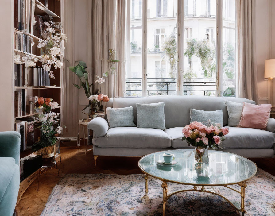 Spacious Living Room with Grey Sofa, Floral Decor, Glass Table, Books, and Natural Light